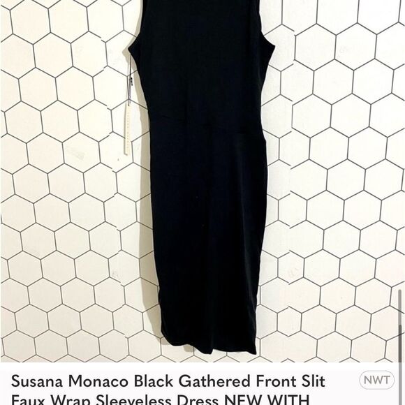 Susana Monaco Gathered Front Slit Black Faux Wrap Dress NEW WITH TAGS SIZE XS - Picture 8 of 8